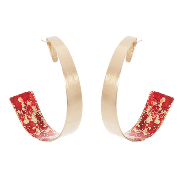 very unique red abstract hoop earrings, twisty hoops that are colorized on the inside of hoops with one of a kind dye pattern. Earrings are handmade with 14k gold plated nickel free brass. colorful earrings, statement earrings.