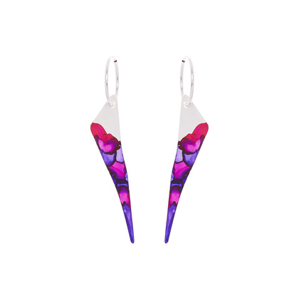 Silver plated bolt hoop earrings, shaped like an abstract lightning bolt, purple and pink